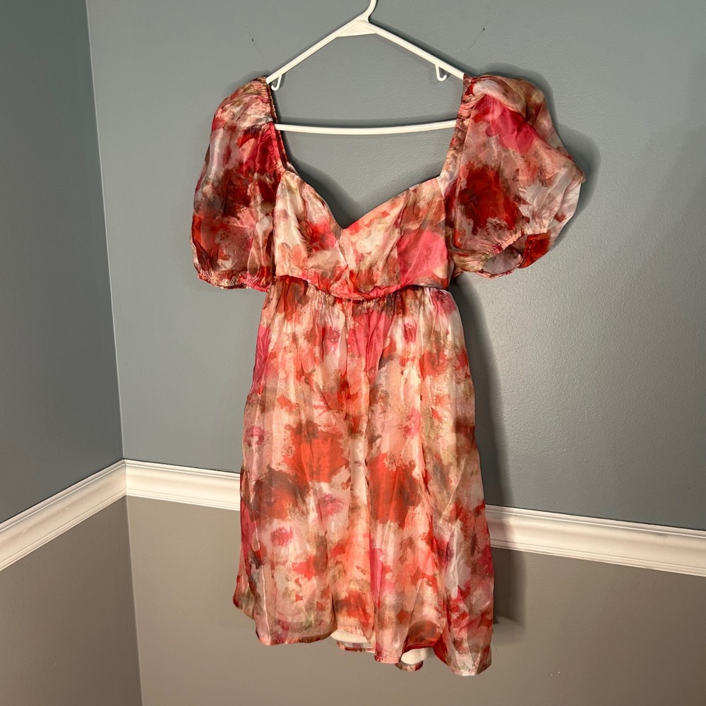 Lulus Pink Floral Watercolor Puff Sleeve Open Back Mini Dress Small NEW